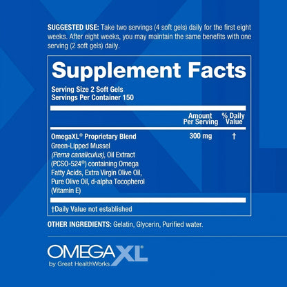 OmegaXL Joint Support Supplement - Natural Muscle Support, Green Lipped Mussel Oil, Soft Gel Pills, Drug-Free, 300 Count